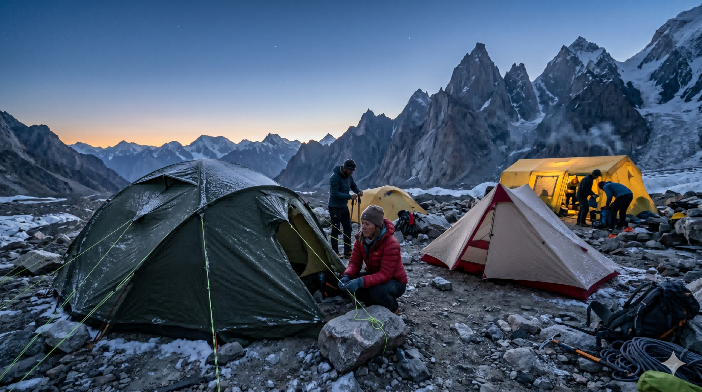 Mixed tent architectures at an alpine camp showing how expedition, trekking pole, and base shelter systems serve different outdoor needs